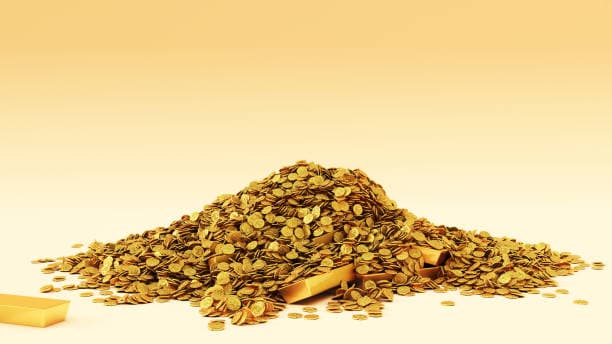 Antique Gold Coins and Gold Bars Piled Up 3d illustration 3d render